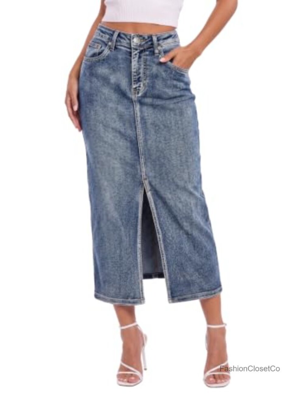 Women's Long Denim Skirt High Waist Stretchy Comfort Kurti Midi